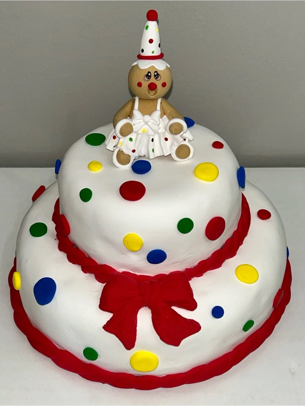 Gingerbread Clown Fake Cake Decoration - White with Red Accents HANDMADE
